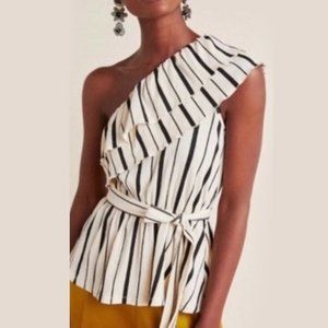 Anthropologie Maeve Rita Ruffled One Shoulder Peplum Top Cream Black